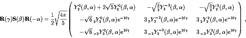 \begin{displaymath}
{\bf R}(\gamma){\bf S}(\beta){\bf R}(-\alpha) =
{1 \over 2}{...
 ...\vphantom{\displaystyle{\dot a \over a}}\end{array}\right) \, ,\end{displaymath}